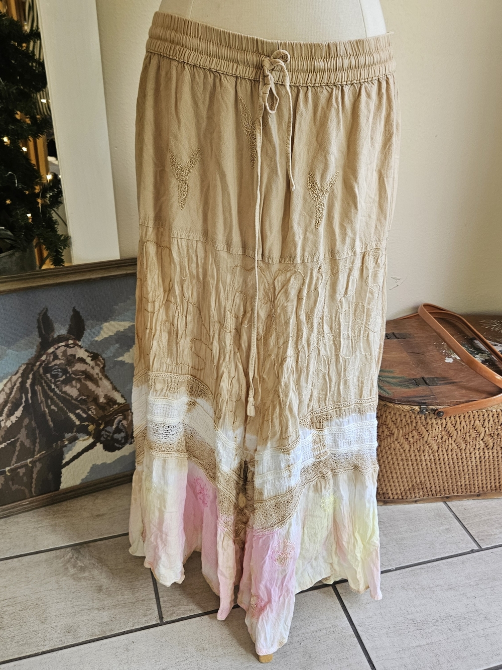 Boho Tiered Bohemian Maxi Skirt - Beige with Pink & Yellow Accents